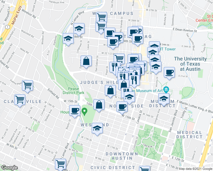 map of restaurants, bars, coffee shops, grocery stores, and more near 1801 West Avenue in Austin