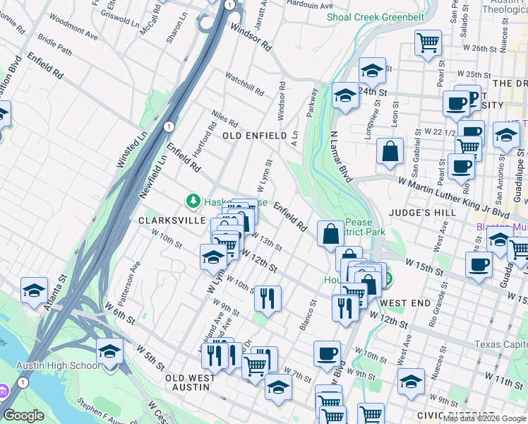 map of restaurants, bars, coffee shops, grocery stores, and more near 1524 Palma Plaza in Austin