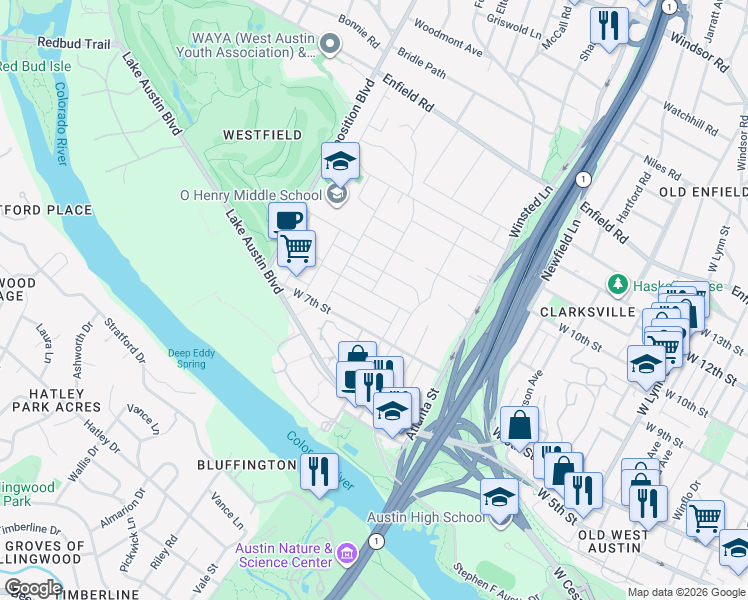 map of restaurants, bars, coffee shops, grocery stores, and more near 2308 West 8th Street in Austin
