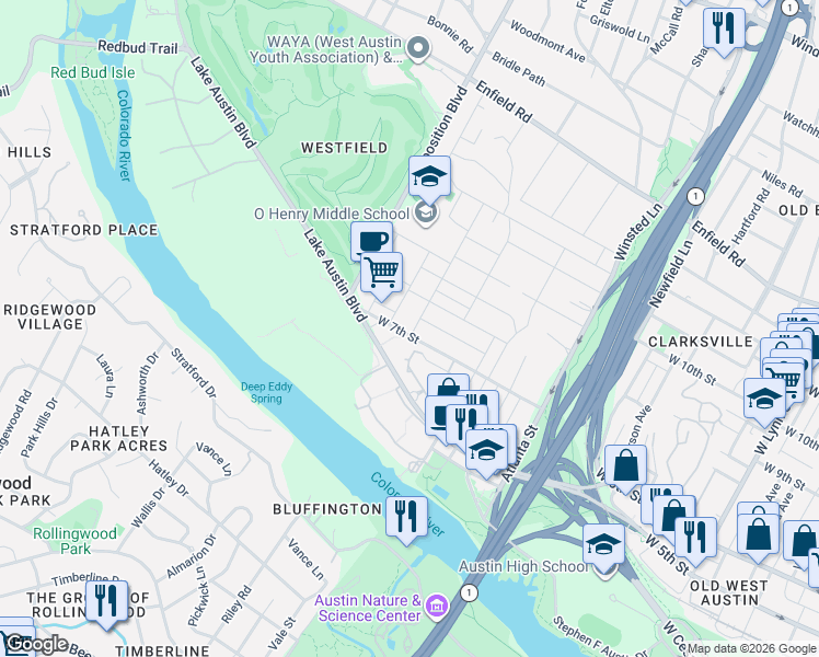 map of restaurants, bars, coffee shops, grocery stores, and more near 700 Wayside Drive in Austin