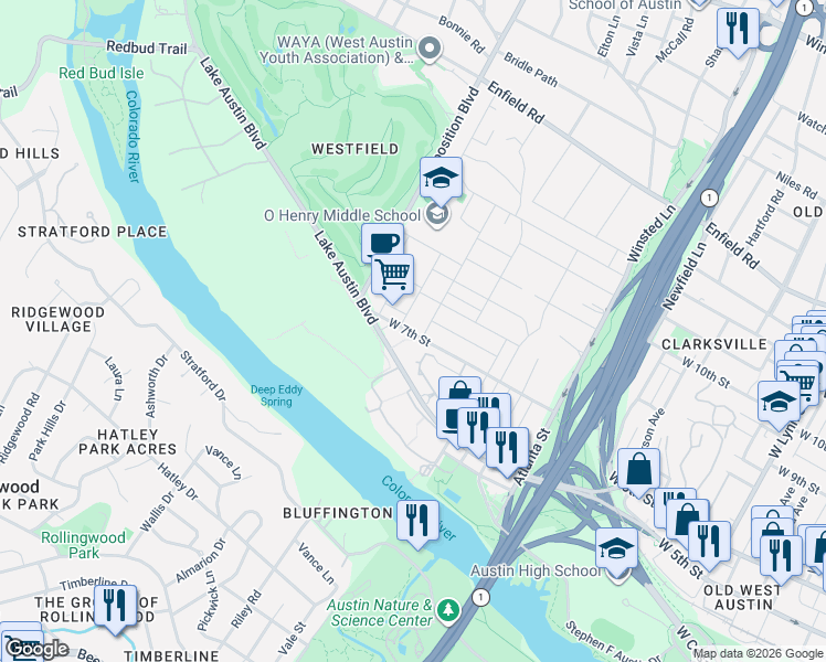 map of restaurants, bars, coffee shops, grocery stores, and more near 700 Wayside Drive in Austin