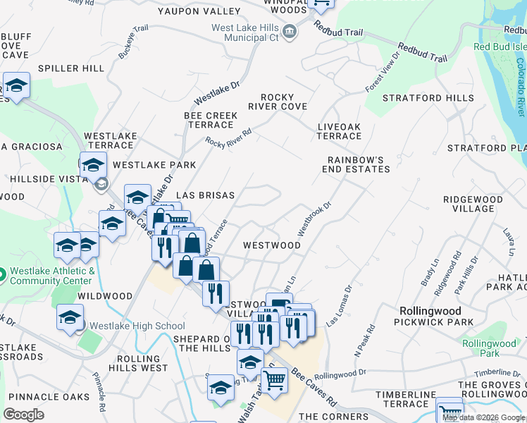 map of restaurants, bars, coffee shops, grocery stores, and more near 407 Honeycomb Ridge in Austin