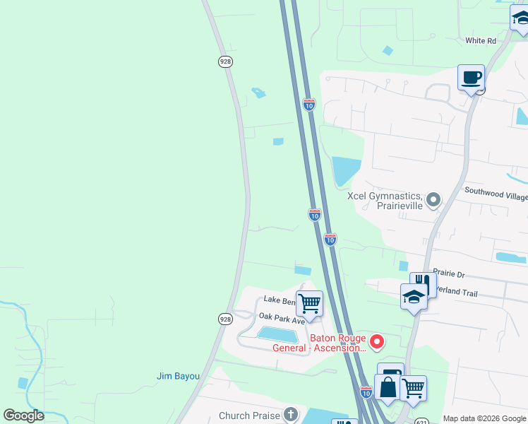 map of restaurants, bars, coffee shops, grocery stores, and more near 14548 Bluff Road in Prairieville