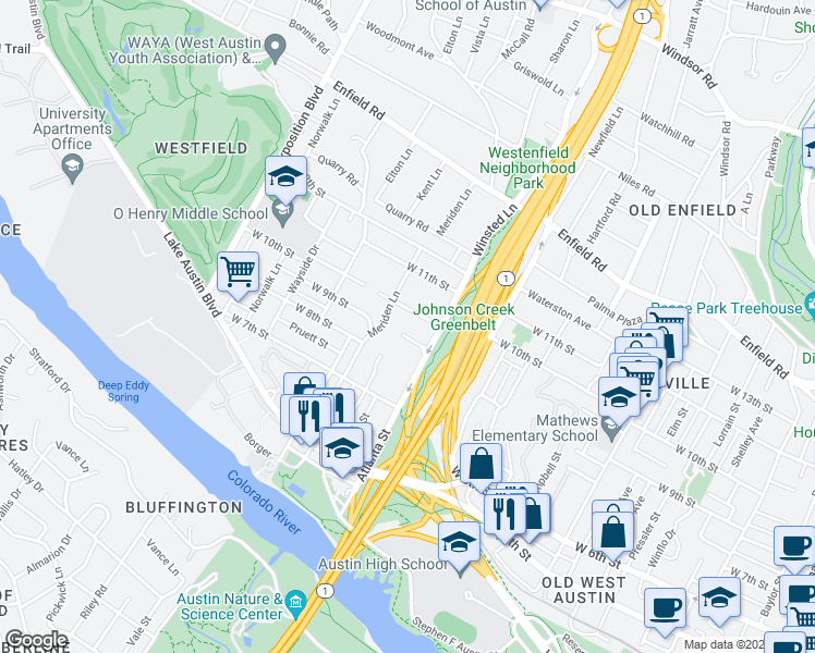 map of restaurants, bars, coffee shops, grocery stores, and more near 2106 Highgrove Terrace in Austin