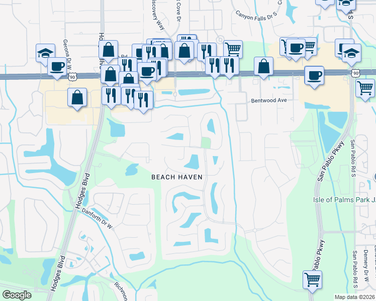 map of restaurants, bars, coffee shops, grocery stores, and more near 3621 Shady Woods Street South in Jacksonville