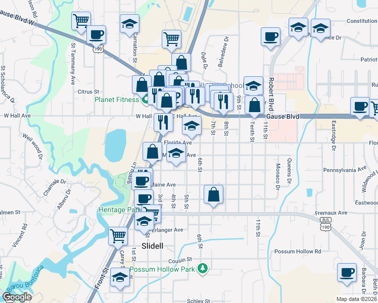 map of restaurants, bars, coffee shops, grocery stores, and more near 1440 5th Street in Slidell