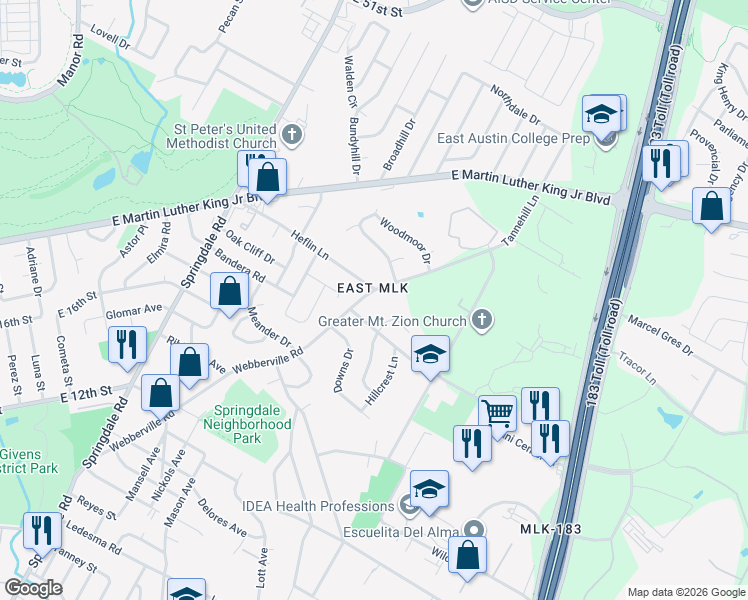 map of restaurants, bars, coffee shops, grocery stores, and more near 1803 Webberville Road in Austin