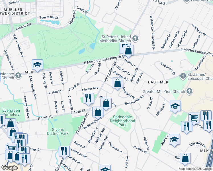 map of restaurants, bars, coffee shops, grocery stores, and more near 4605 Leslie Avenue in Austin