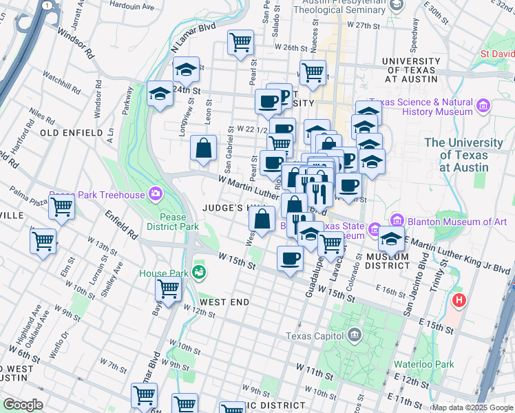 map of restaurants, bars, coffee shops, grocery stores, and more near 1802 West Avenue in Austin