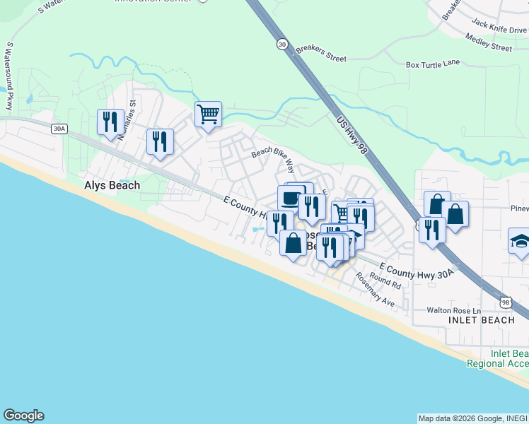 map of restaurants, bars, coffee shops, grocery stores, and more near 8442 East County Highway 30A in Panama City Beach