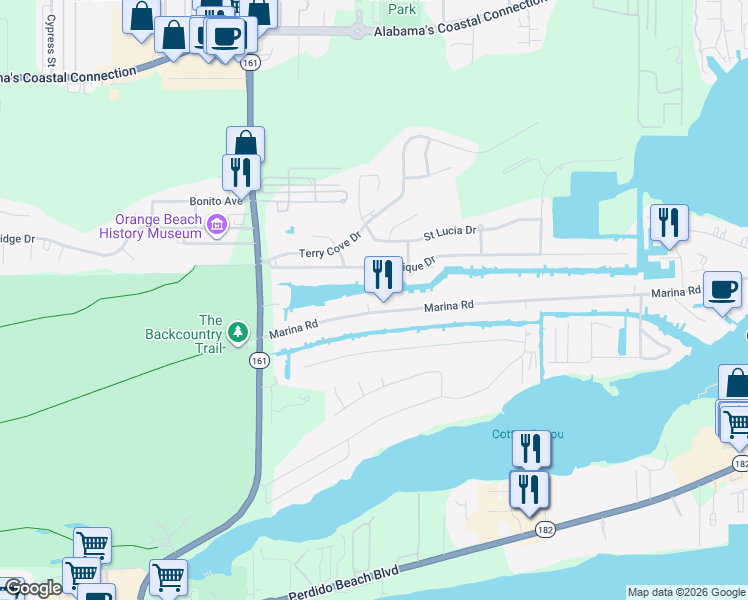 map of restaurants, bars, coffee shops, grocery stores, and more near 26289 Marina Road in Orange Beach