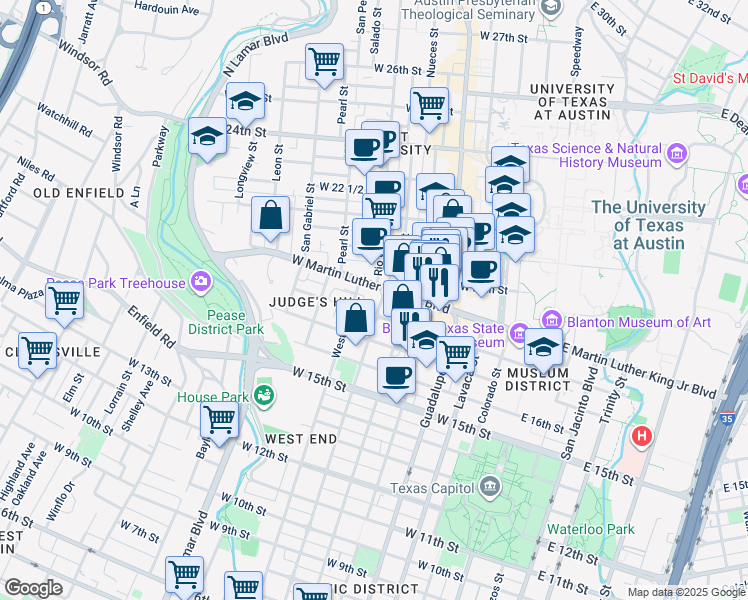 map of restaurants, bars, coffee shops, grocery stores, and more near 1801 West Avenue in Austin