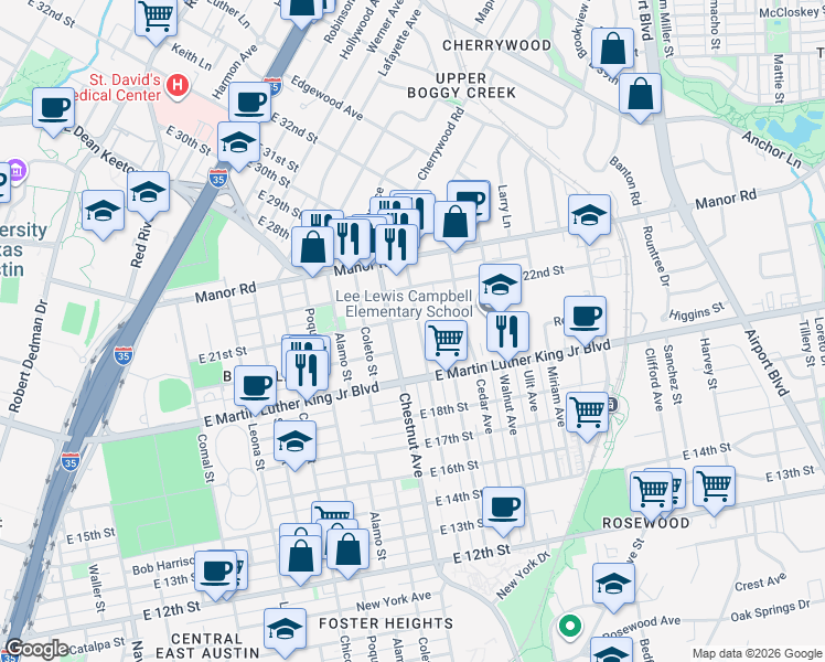 map of restaurants, bars, coffee shops, grocery stores, and more near 2007 Chestnut Avenue in Austin