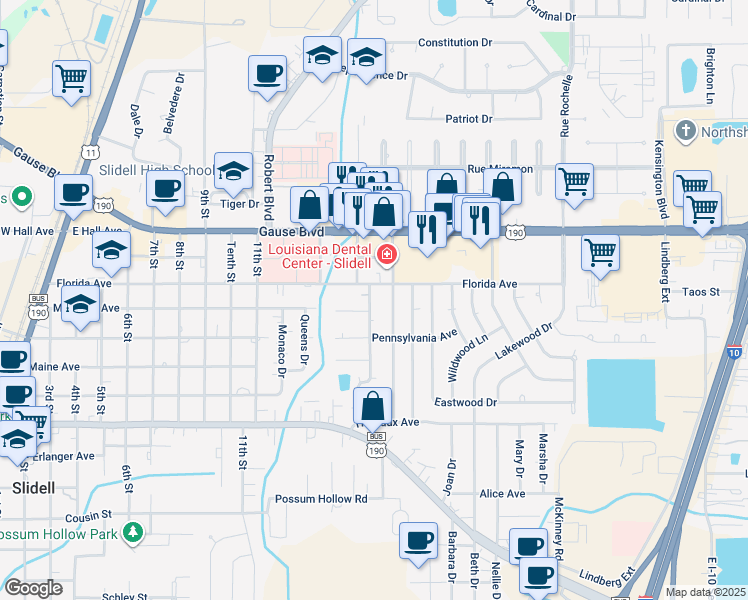 map of restaurants, bars, coffee shops, grocery stores, and more near 1420 Broadmoor Street in Slidell