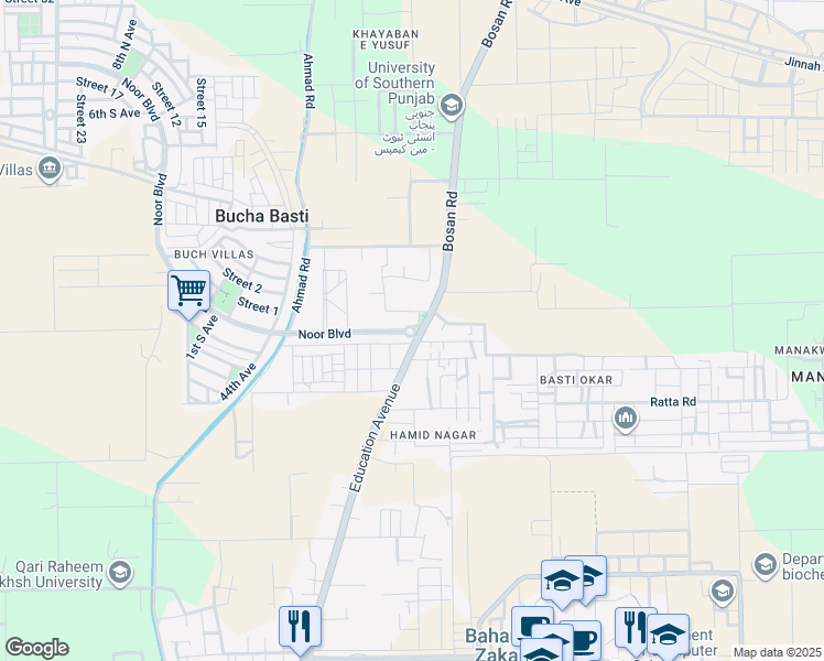 map of restaurants, bars, coffee shops, grocery stores, and more near بوسن روڈ in ملتان