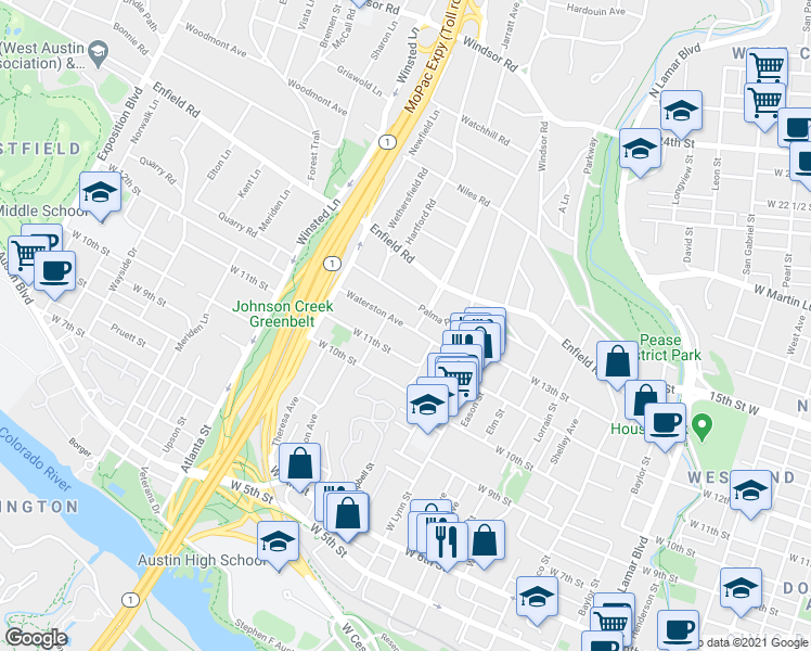 map of restaurants, bars, coffee shops, grocery stores, and more near Waterston Avenue in Austin