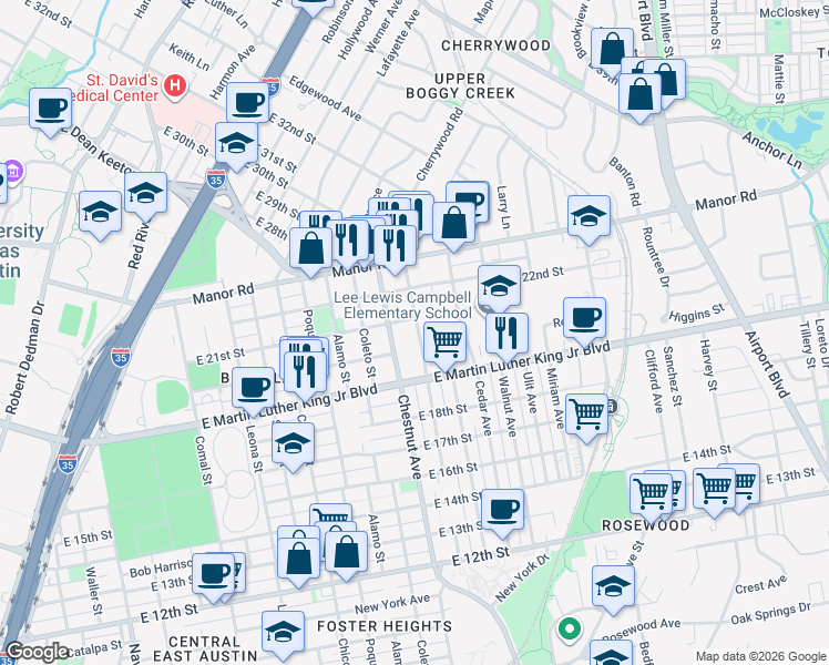 map of restaurants, bars, coffee shops, grocery stores, and more near 2501 Weber Avenue in Austin