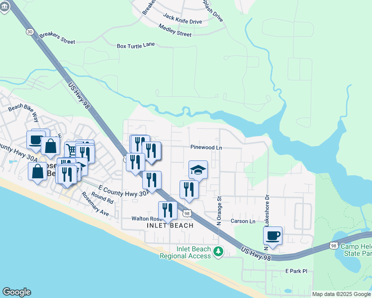 map of restaurants, bars, coffee shops, grocery stores, and more near 112 Pinewood Lane in Panama City Beach