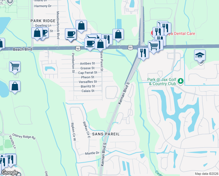 map of restaurants, bars, coffee shops, grocery stores, and more near 3898 Coastal Cove Circle in Jacksonville