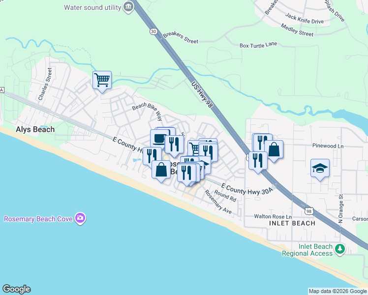 map of restaurants, bars, coffee shops, grocery stores, and more near 141 Lifeguard Loop East in Rosemary Beach