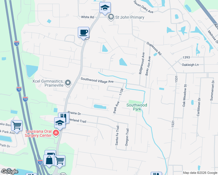 map of restaurants, bars, coffee shops, grocery stores, and more near 37406 East Hillside Drive in Prairieville
