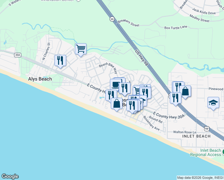 map of restaurants, bars, coffee shops, grocery stores, and more near 50 Trigger Trail East in Rosemary Beach