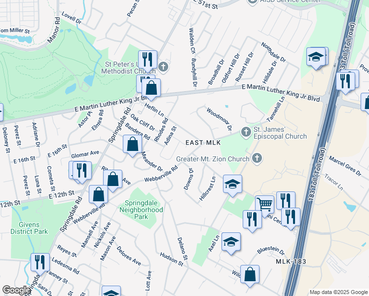 map of restaurants, bars, coffee shops, grocery stores, and more near 5213 Rob-Scott Street in Austin