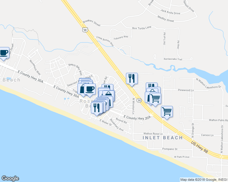 map of restaurants, bars, coffee shops, grocery stores, and more near 102 Georgetown Avenue in Panama City Beach