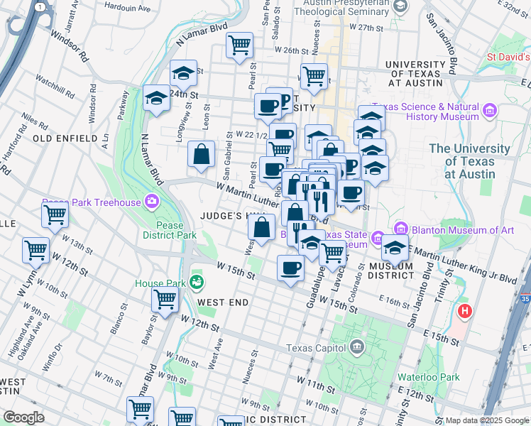 map of restaurants, bars, coffee shops, grocery stores, and more near 1801 West Avenue in Austin