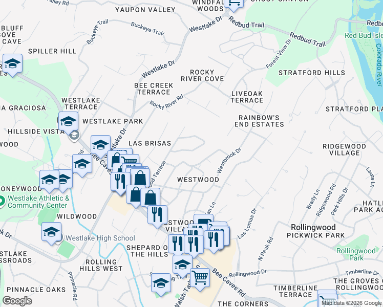 map of restaurants, bars, coffee shops, grocery stores, and more near 407 Honeycomb Ridge in Austin