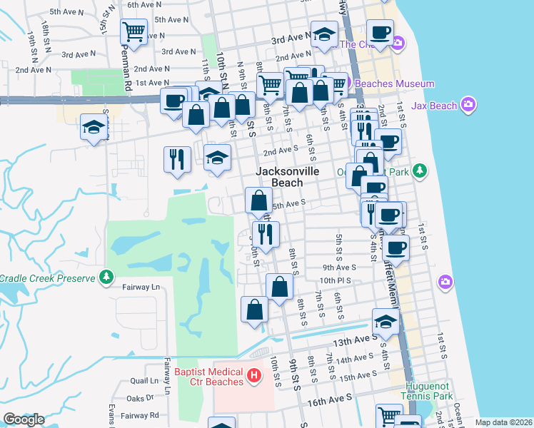 map of restaurants, bars, coffee shops, grocery stores, and more near 508 9th Street South in Jacksonville Beach