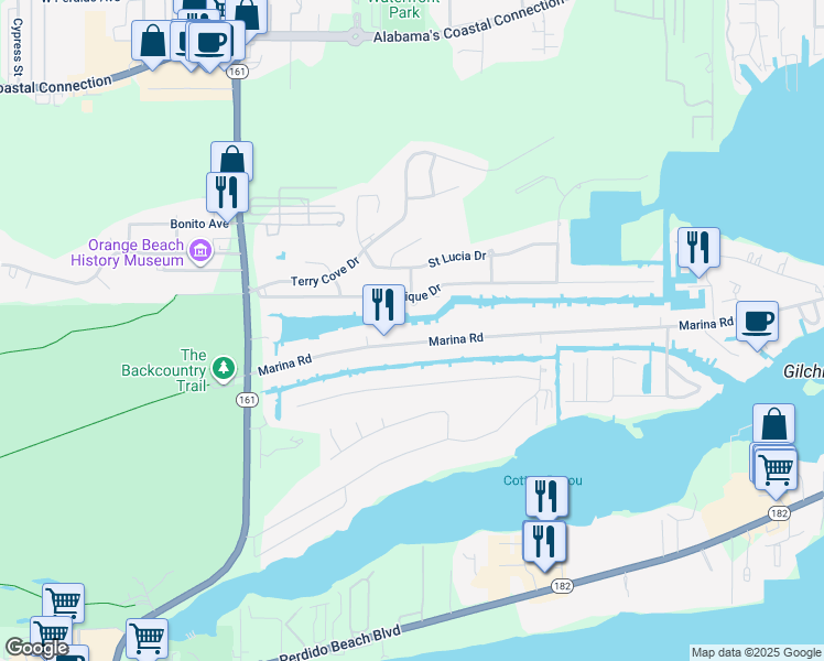 map of restaurants, bars, coffee shops, grocery stores, and more near 26375 Marina Road in Orange Beach