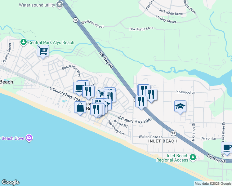 map of restaurants, bars, coffee shops, grocery stores, and more near 43 Hamilton Lane in Panama City Beach