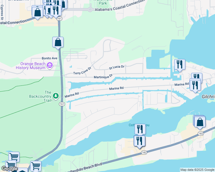 map of restaurants, bars, coffee shops, grocery stores, and more near 26375 Marina Road in Orange Beach
