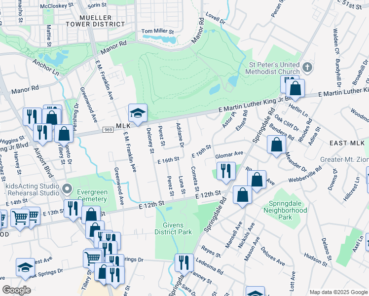 map of restaurants, bars, coffee shops, grocery stores, and more near 1619 J J Seabrook Drive in Austin