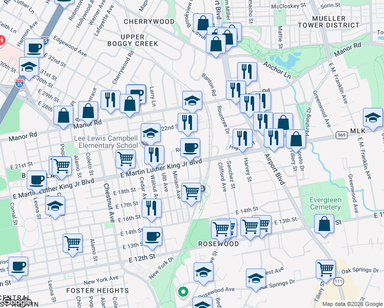 map of restaurants, bars, coffee shops, grocery stores, and more near 2834 East Martin Luther King Junior Boulevard in Austin