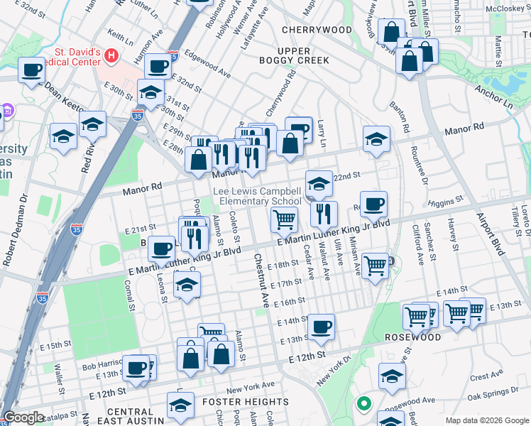 map of restaurants, bars, coffee shops, grocery stores, and more near 2501 Weber Avenue in Austin