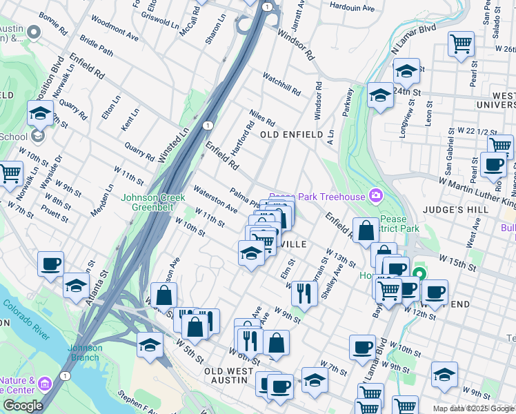 map of restaurants, bars, coffee shops, grocery stores, and more near 1614 West 14th Street in Austin