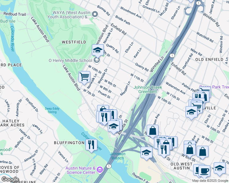 map of restaurants, bars, coffee shops, grocery stores, and more near 2308 West 8th Street in Austin
