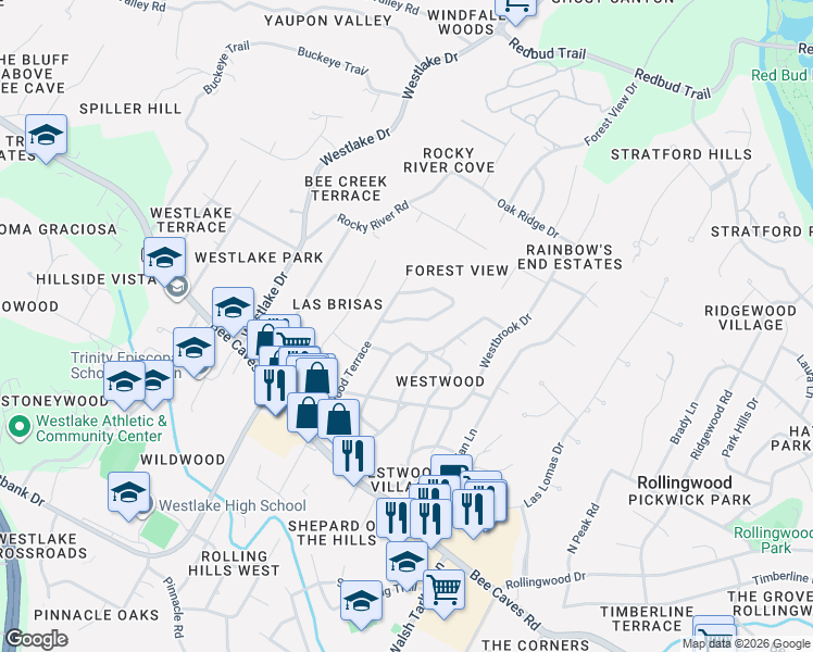 map of restaurants, bars, coffee shops, grocery stores, and more near 403 Honeycomb Ridge in Austin
