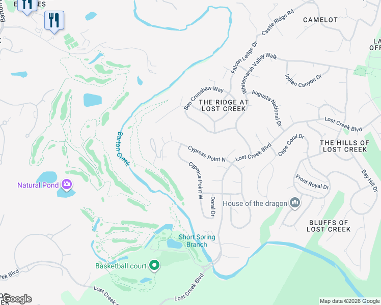 map of restaurants, bars, coffee shops, grocery stores, and more near 6703 Cypress Point West in Austin