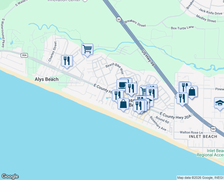 map of restaurants, bars, coffee shops, grocery stores, and more near 50 Trigger Trail East in Rosemary Beach