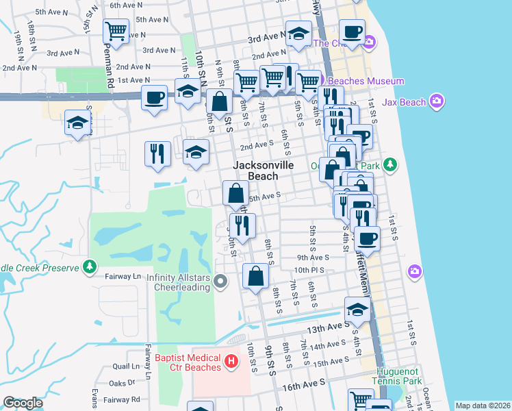 map of restaurants, bars, coffee shops, grocery stores, and more near 739 8th Street South in Jacksonville Beach