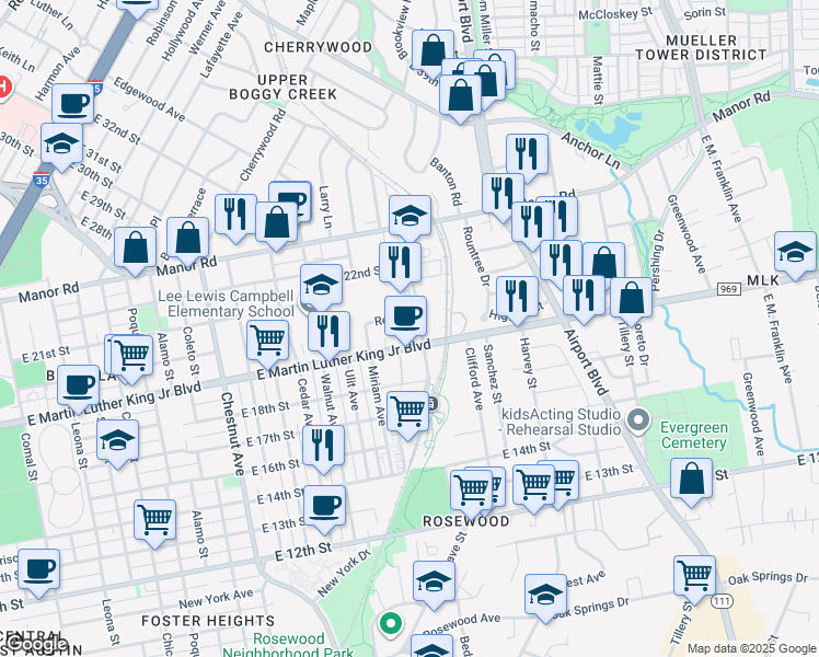 map of restaurants, bars, coffee shops, grocery stores, and more near 2834 East Martin Luther King Junior Boulevard in Austin