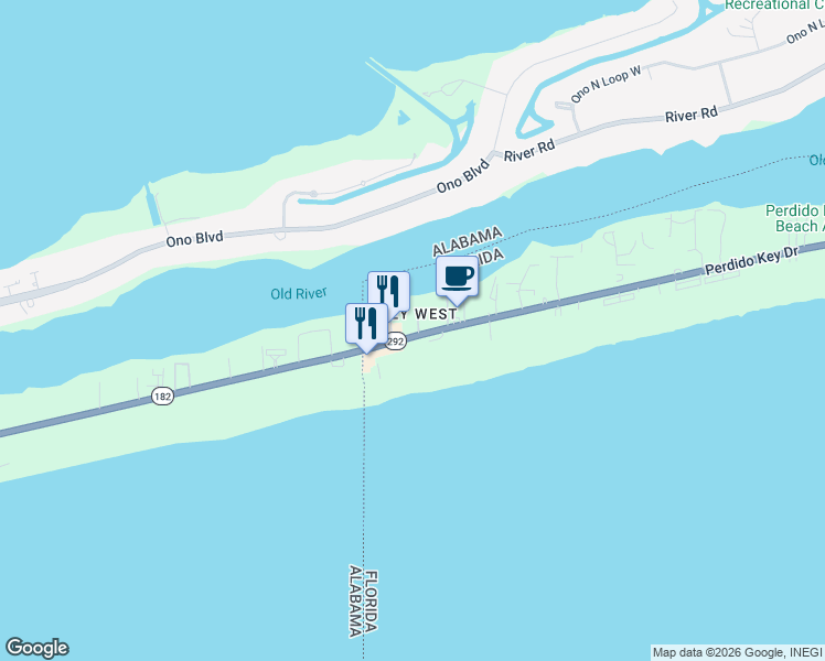 map of restaurants, bars, coffee shops, grocery stores, and more near 17351 Perdido Key Drive in Pensacola
