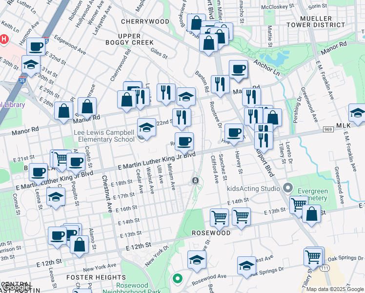 map of restaurants, bars, coffee shops, grocery stores, and more near 2834 East Martin Luther King Junior Boulevard in Austin