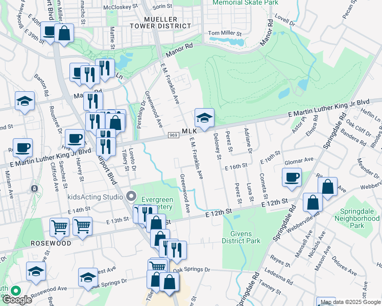 map of restaurants, bars, coffee shops, grocery stores, and more near 1704 E. M. Franklin Avenue in Austin