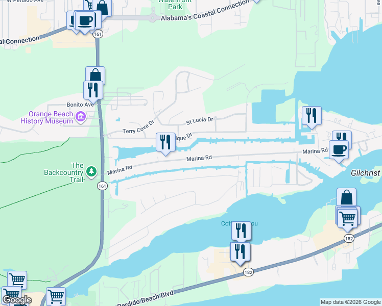 map of restaurants, bars, coffee shops, grocery stores, and more near 26427 Marina Road in Orange Beach