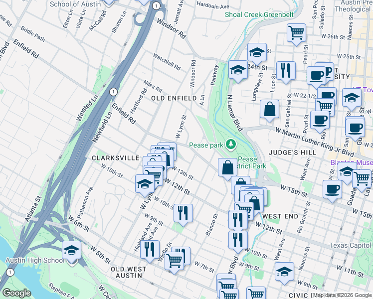 map of restaurants, bars, coffee shops, grocery stores, and more near 1509 Enfield Road in Austin