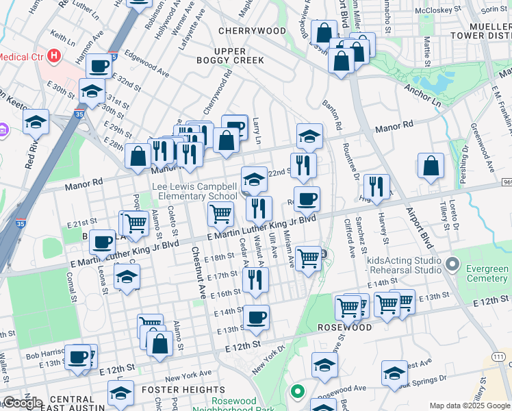 map of restaurants, bars, coffee shops, grocery stores, and more near 2613 Rogers Avenue in Austin